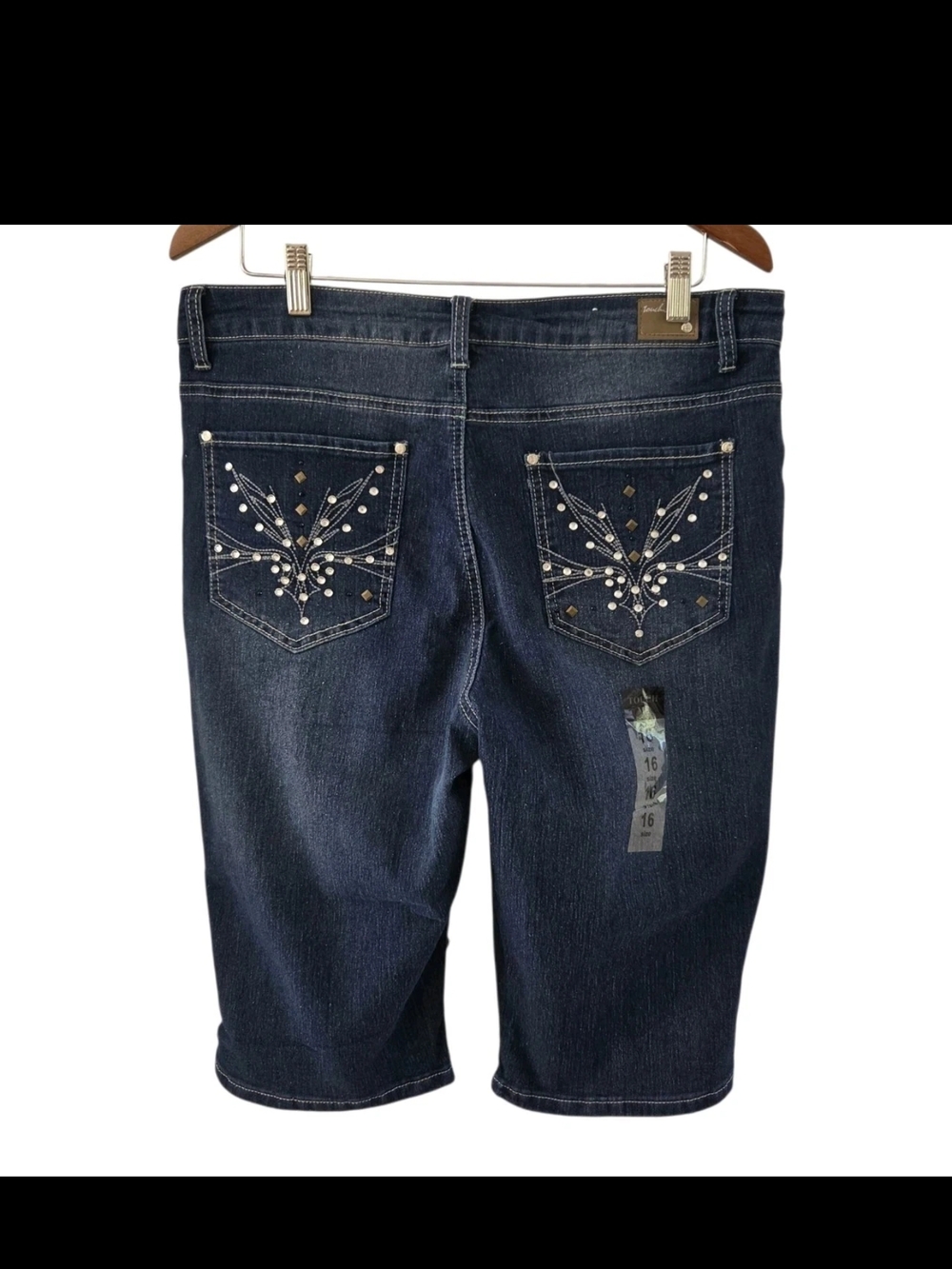 Touch Me Denim Jean Bermuda Shorts Embellish Pockets Womens Size 16 New
